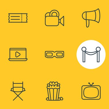 Vector illustration of 9 film icons line style. Editable set of video, bullhorn, barrier rope and other icon elements.