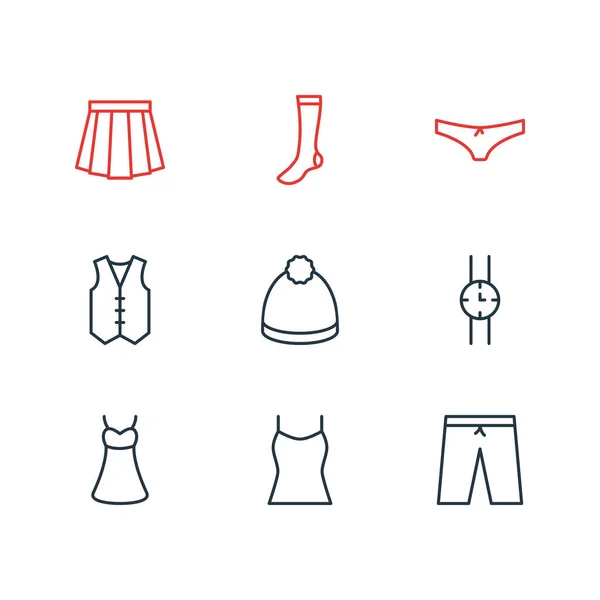 Vektor illusztrációja 9 ruhadarab ikonok vonal stílusban. Szerkeszthető órakészlet, fehérnemű, zokni és más ikonelem. — Stock Vector