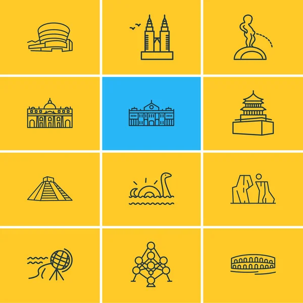 Vektorillustration von 12 Kultursymbolen linieren den Stil. Editierbarer Sommerplatz in Peking, Atomium, die Elemente der Grand Canyon-Ikone. — Stockvektor