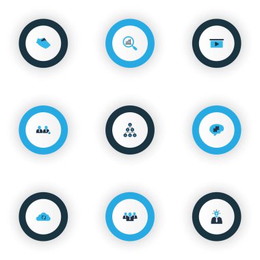 Job icons colored set with presentation, cloud sync, hierarchy and other research elements. Isolated illustration job icons.