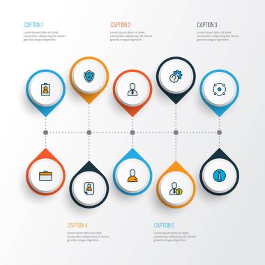 Work icons colored line set with information, privacy, sharing and other cv elements. Isolated illustration work icons.
