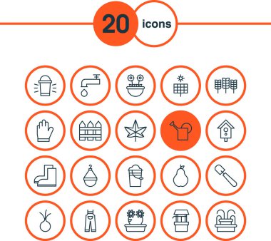 Gardening icons set with leaf, solar panel, pail and other bucket elements. Isolated illustration gardening icons.