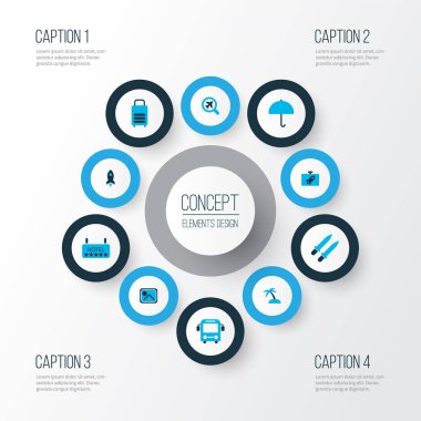 Tourism icons colored set with suitcase, sword, photo and other shuttle elements. Isolated illustration tourism icons.