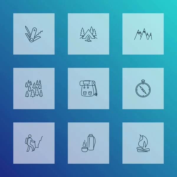 Rekreační ikony linie styl set s táborák, batoh, kompas a další prvky stromu. Izolované ikony dovolených ilustrací. — Stock fotografie