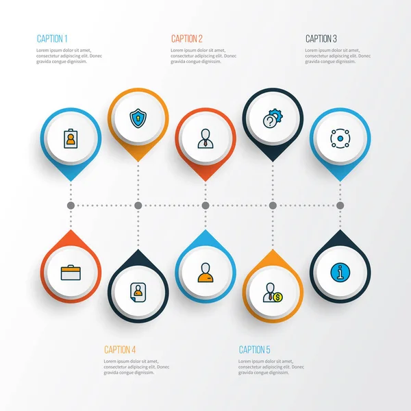 Work icons colored line set with information, privacy, sharing and other cv elements. Isolated illustration work icons. — Stok fotoğraf