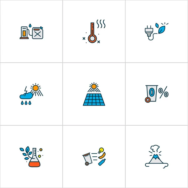 Eco icons colored line set with waste separation, zero waste, volcano and other temperature measurement elements. Isolated vector illustration eco icons. — Image vectorielle