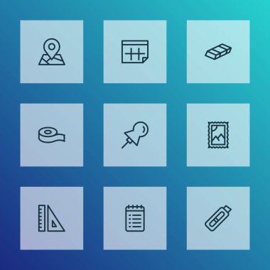 Harita, silgi, posta pulu ve diğer posta damgası ögeleri ile araç simgeleri çizgisi biçimi ayarlandı. İzole edilmiş illüstrasyon aracı simgeleri.