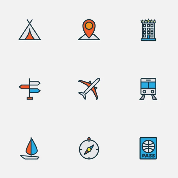 Exploration Symbole farbige Linienset mit Kartenstift, Zug, Zelt und anderen Navigationselementen. Isolierte Illustrationssymbole. — Stockfoto