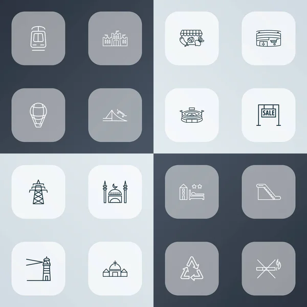 City Icons Line Style Set mit Straßenbahn, Recycling, Strommast und anderen Antennenelementen. Isolierte Vektor-Illustration Stadt-Symbole. — Stockvektor