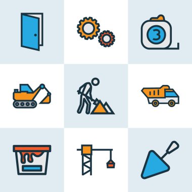 Building icons colored line set with tower crane, tape measure, cogwheel and other gear elements. Isolated illustration building icons.