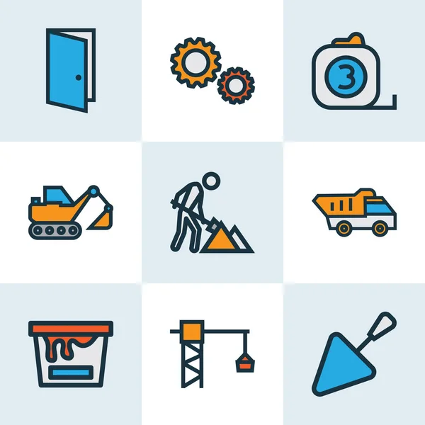Building icons colored line set with tower crane, tape measure, cogwheel and other gear elements. Isolated illustration building icons. — Fotografia de Stock
