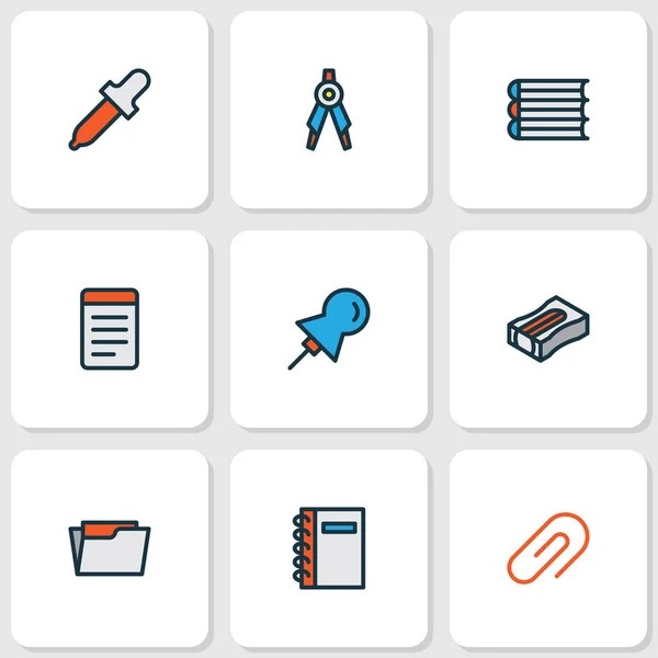 Tool icons colored line set with open folder, books, spiral notebook and other directory elements. Isolated illustration tool icons. — Stockfoto