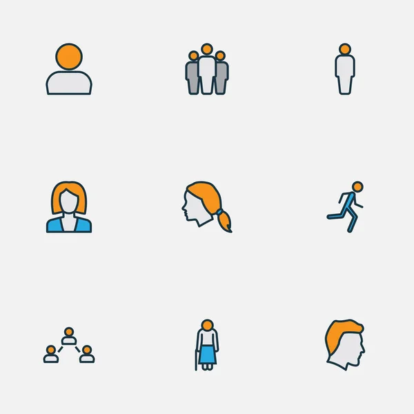 Personensymbole farbige Linie mit Profil, Geschäftsfrau, Männerkopf und anderen Gruppenelementen. isolierte Illustration Person Ikonen. — Stockfoto