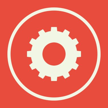 Kırmızı bir arka plan, beyaz bir daire sınır, beyaz anahat simgesini dişli