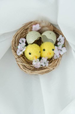 Yumurta kabuklu küçük bir yuvada iki sevimli oyuncak yavrunun yer aldığı neşeli Paskalya 'da hayat devam ediyor. Sahne benekli bıldırcın yumurtaları ve beyaz işlemeli masa örtüsü üzerinde taze pembe karanfil çiçekleriyle çevrilidir. Sıcak, aydınlık ve sıcak bir tatil.