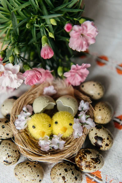Yumurta kabuklu küçük bir yuvada iki sevimli oyuncak yavrunun yer aldığı neşeli Paskalya 'da hayat devam ediyor. Sahne benekli bıldırcın yumurtaları ve beyaz işlemeli masa örtüsü üzerinde taze pembe karanfil çiçekleriyle çevrili..