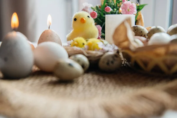 Yüksek açılı, kahverengi ve beyaz tavuk yumurtalarının yeniden kullanılabilir ağ iplik torbasına konulmuş karton bir kutuya konulmuş hali. Sahne, içinde iki tüylü sarı oyuncak civciv ve narin bahar çiçeklerinin bulunduğu küçük bir kuş yuvası ile süslenmiştir.,