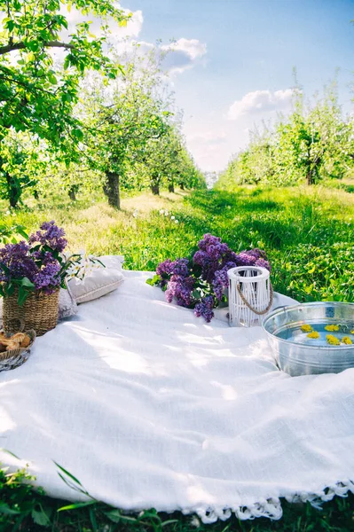 Güneşle sırılsıklam olmuş elma bahçesinde geçen huzurlu ve romantik bir bahar pikniği sahnesi. Kompozisyonda hasır sepetlerde taze leylak buketler, beyaz keten bir battaniye, tatlı kurabiyeler, yüzen karahindibalarla dolu klasik metal bir leğen yer alıyor.,