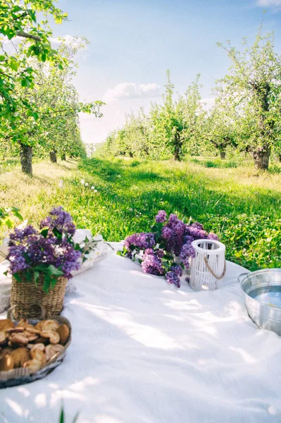 Güneşle sırılsıklam olmuş elma bahçesinde geçen huzurlu ve romantik bir bahar pikniği sahnesi. Kompozisyonda hasır sepetlerde taze leylak buketler, beyaz keten bir battaniye, tatlı kurabiyeler, yüzen karahindibalarla dolu klasik metal bir leğen yer alıyor.,