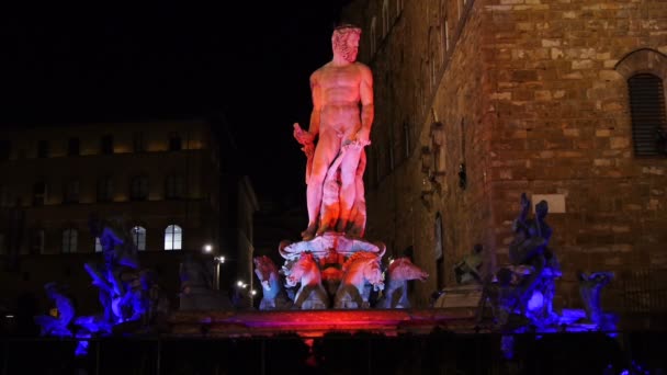Fontanna Neptuna Włochy Florencja nocą — Wideo stockowe