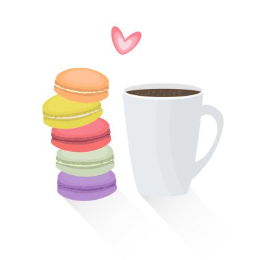 Fransız çerez macaroons vektör Illustration fincan kahve ile. Lezzetli kahvaltı macarons düz tarzı ile