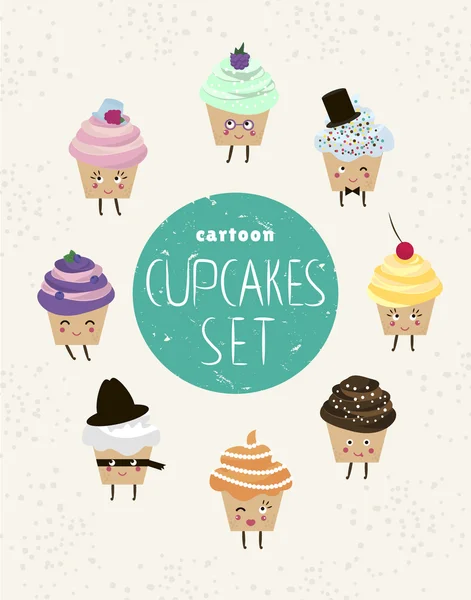 Conjunto de queques dos desenhos animados. Coleção de cupcakes de vetor com olhos e sorrisos — Vetor de Stock