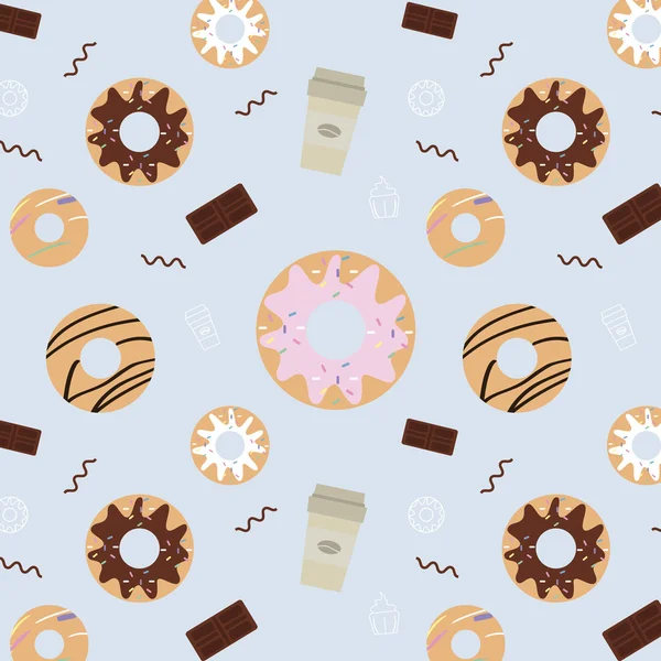 Patrón transparente de vector con dulces. Textura de café y donas — Vector de stock
