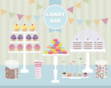 Candy Bar vector illustration. Macaroons, cupcakes, chocolate cookies, cake pops, cakes.