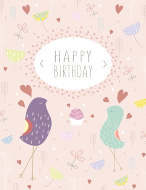 Şablon Mutlu Yıllar kartı. Pembe arka planda kuşlar pasta ve kalpler ile Vektör tebrik şablonu kartı