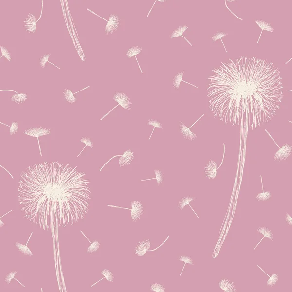 Seamless vector pattern with hand drawn white dandelions on pink background. Creative hand drawn floral texture —  Vetores de Stock