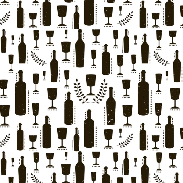 Texture with black wine bottles and glasses. Vintage shabby pattern — 图库矢量图片
