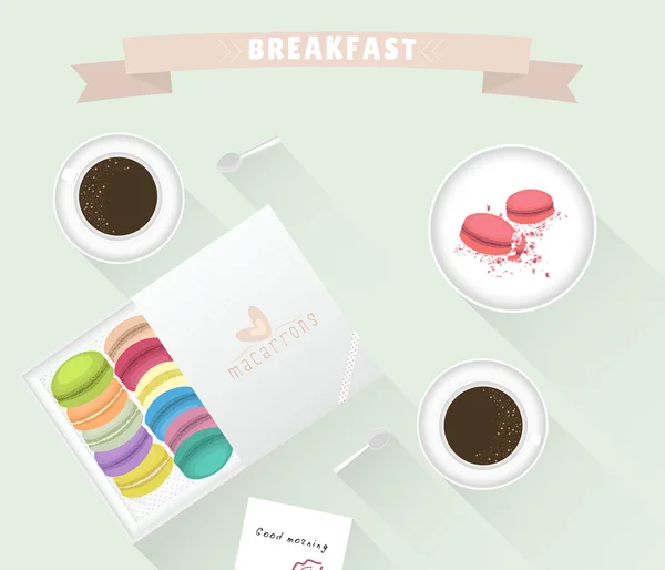 Illustration breakfast with cups of coffee and macaroons.  Good morning vector background — Stockvector