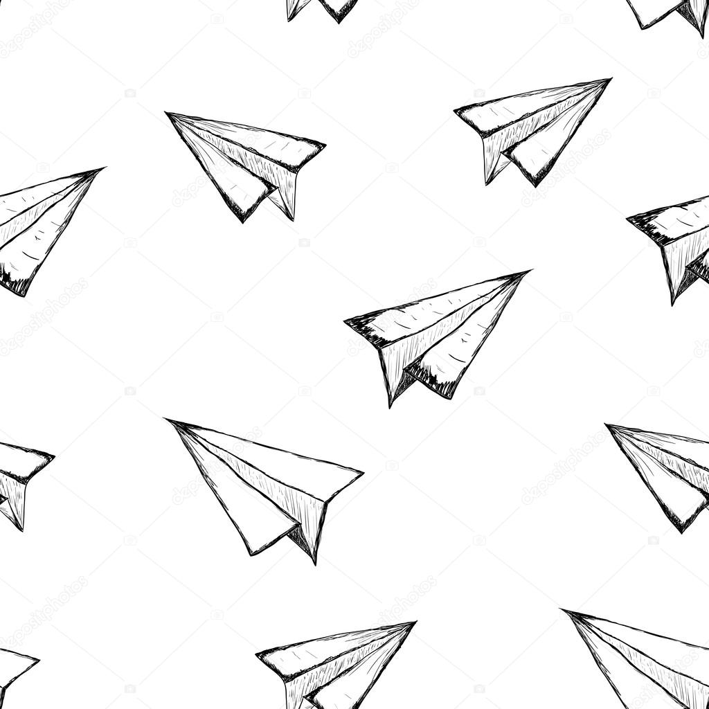 Seamless pattern with a paper airplane on a white background . Drawing by hand . Line drawing. Doodle airplane