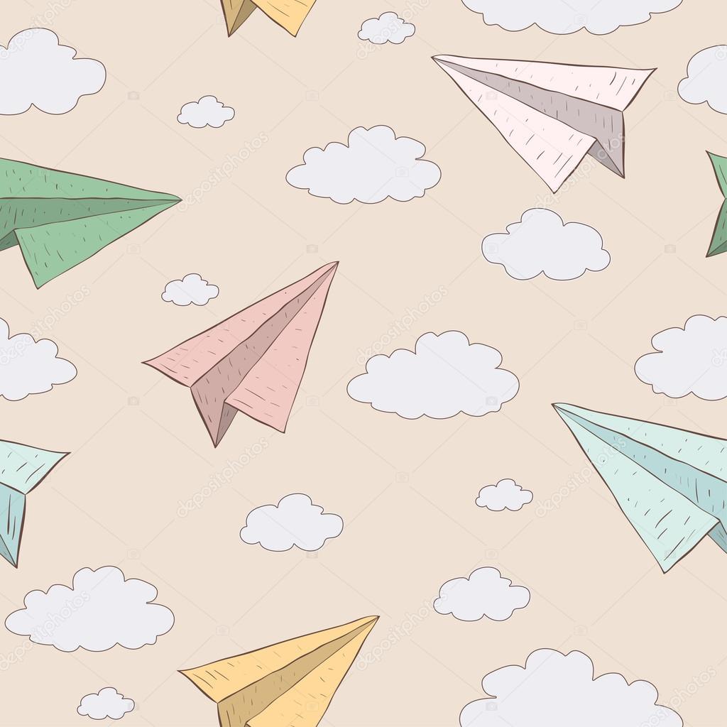 Cartoon paper plane in the sky. Vector seamless baby pattern. Texture paper plane on vanilla background