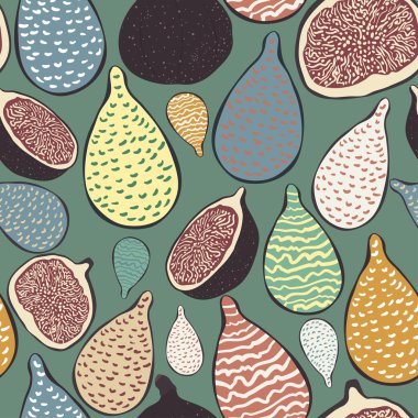 Seamless pattern with figs and fancy art elements. Vector hand drawn texture