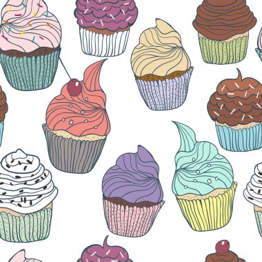 Seamless vector colorful cupcakes on white. Hand drawing tasty pattern