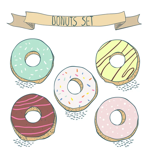 Donuts vector set. Dessinés à la main quatre beignets isolé sur blanc — Image vectorielle