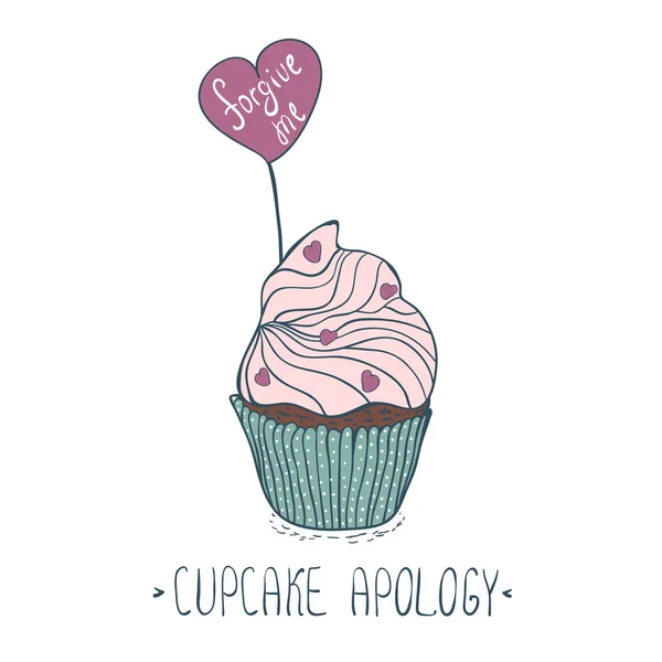 Hand drawing cupcakes with Apology. Vector cute cupcake with heart isolated on white. Template for cards — Stockvector