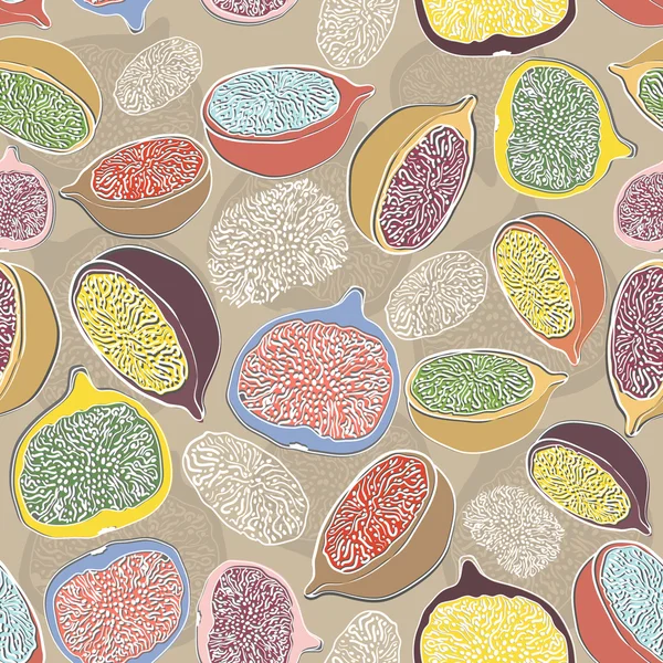 Colorful seamless texture with bright figs. Pattern with hand drawn figs — Vetor de Stock