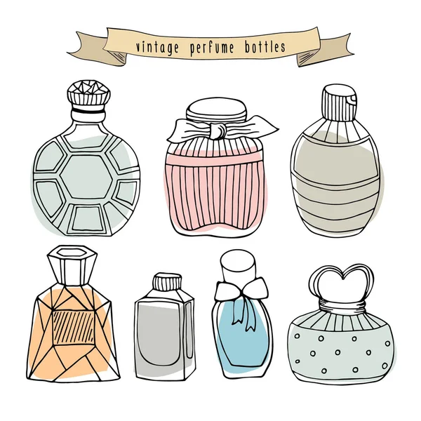Ручной обращается бутылки духов комплект. Коллекция старинных парфюмерных флаконов, изолированных на белом. — стоковый вектор