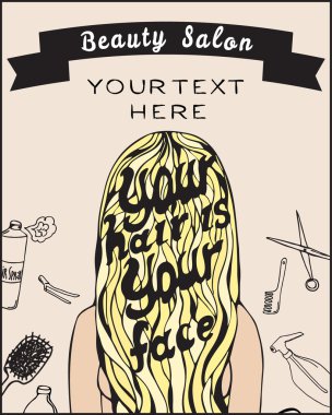 Template for beauty studio and barbershop. Hand drawn vector illustration. Lettering inside hair