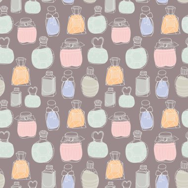 Seamless vector pattern with perfume bottles. Vintage perfume bottles on white. Hand drawn texture