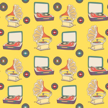 Colorful retro pattern with record-player and gramophone on yellow background. Hand drawn vector texture. Vintage background