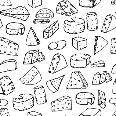 Seamless vector pattern with different types of cheese on white background. Doodle cheese texture