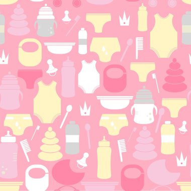 Colorful seamless pattern with baby girl goods. Cute texture with different baby items. Ready design for baby products, clothes, wrapping paper, baby's store