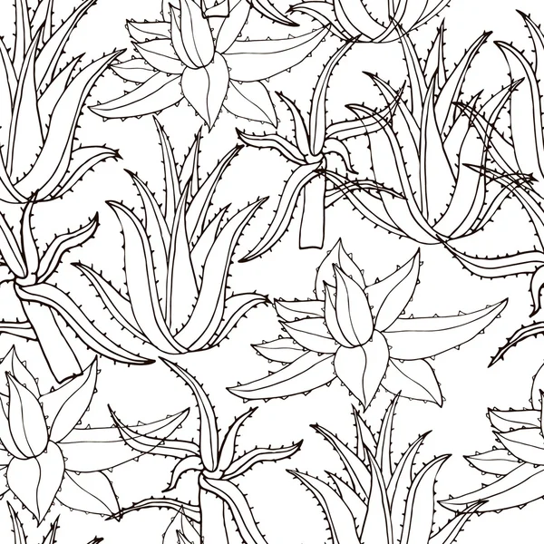 Seamless vector pattern with aloe vera. Creative  hand drawn texture aloe leaves on white. Line drawing background. Monochrome  hand drawn floral pattern — Vetor de Stock