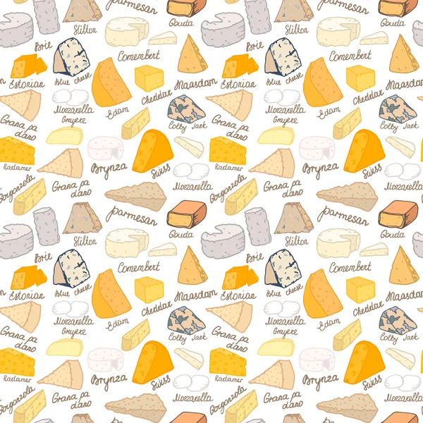 Seamless vector pattern with different types of cheese on white background — Stock Vector