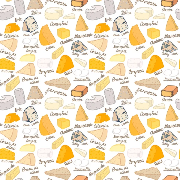 Seamless vector pattern with different types of cheese on white background