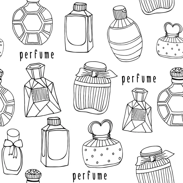 Seamless vector pattern with perfume bottles. Vintage perfume bottles on white. Hand drawn texture — Vettoriale Stock