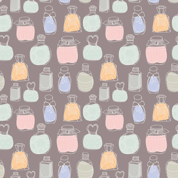 Seamless vector pattern with perfume bottles. Vintage perfume bottles on white. Hand drawn texture — Vettoriale Stock